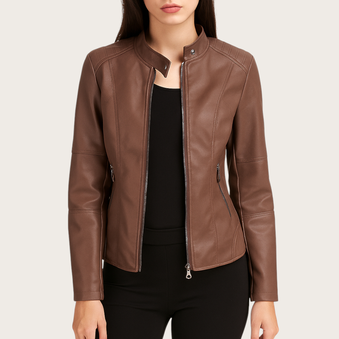 Damska Skórzana Kurtka Z Zamkiem | Długi Rękaw