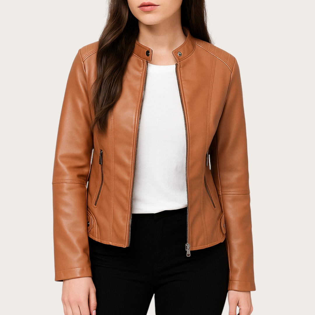Damska Skórzana Kurtka Z Zamkiem | Długi Rękaw