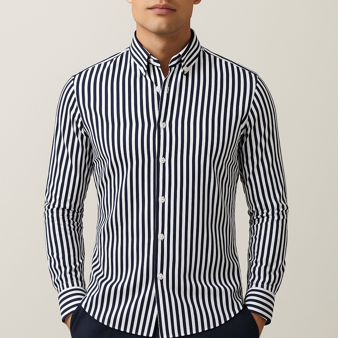 Męska Koszula z Listwą Guzikową | Z Paskowanym Kołnierzykiem