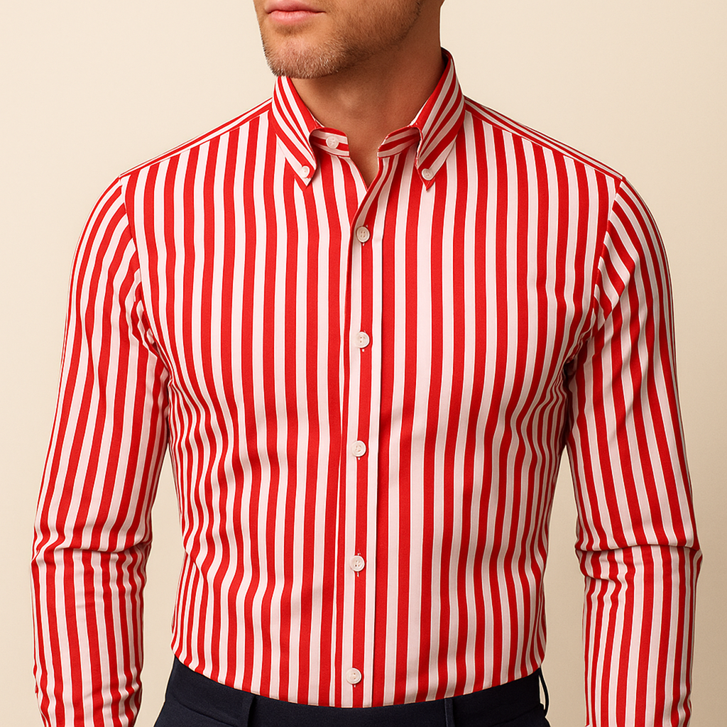 Męska Koszula z Listwą Guzikową | Z Paskowanym Kołnierzykiem