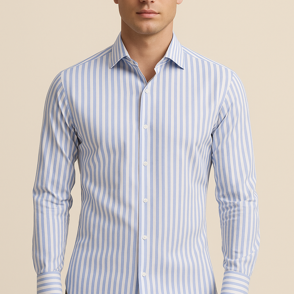 Męska Koszula z Listwą Guzikową | Z Paskowanym Kołnierzykiem