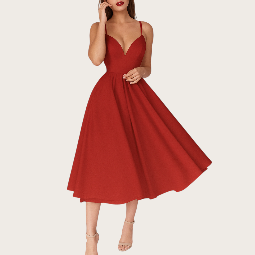 Damska Sukienka Koktajlowa z Dekoltem w Serek | Midi