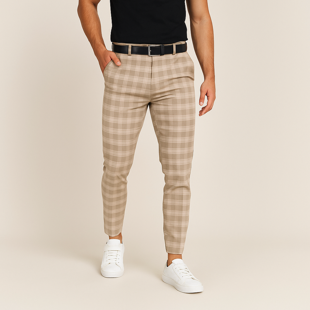 Męskie Spodnie w Kratę | Z Elastycznego Materiału