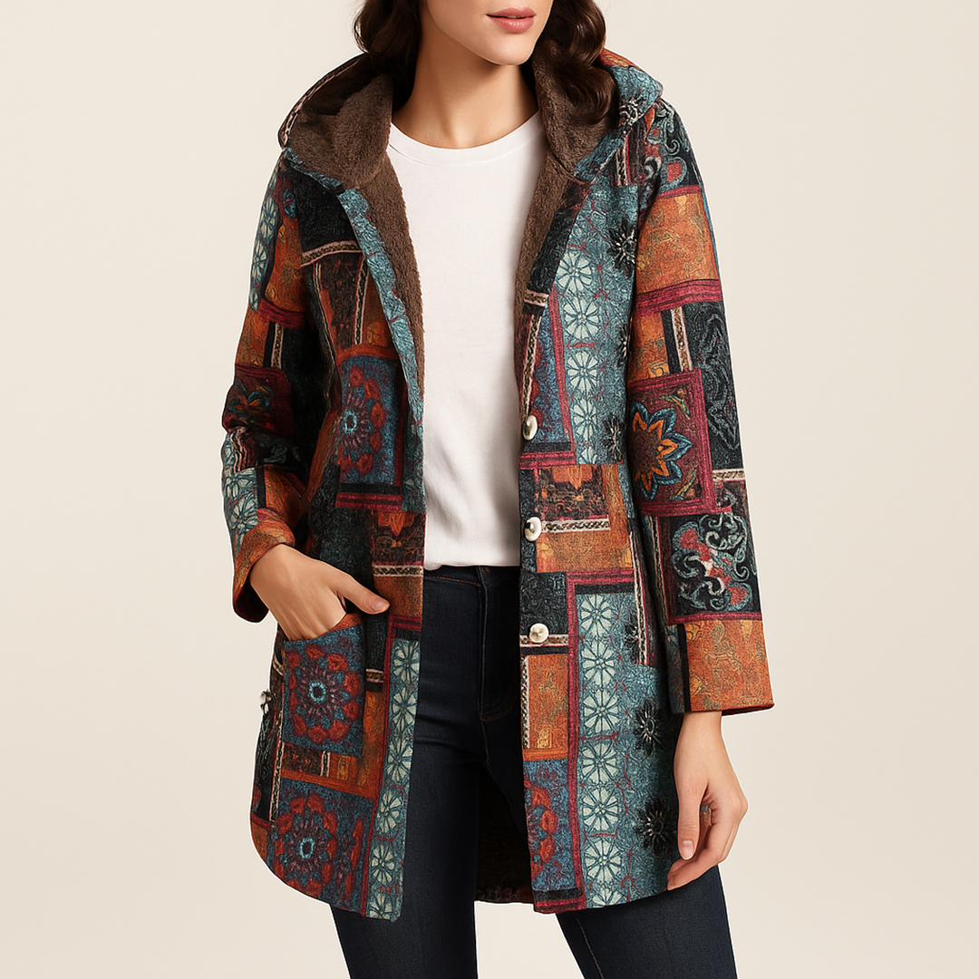 Damska Kurtka W Kwiatowy Wzór Z Kapturem | Zima