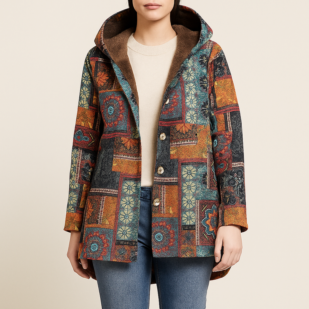 Damska Kurtka W Kwiatowy Wzór Z Kapturem | Zima