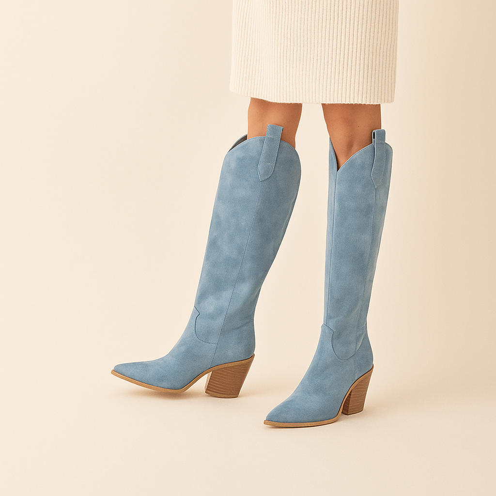 Damskie Zimowe Kozaki Kowbojskie Do Kolan | Niebieskie