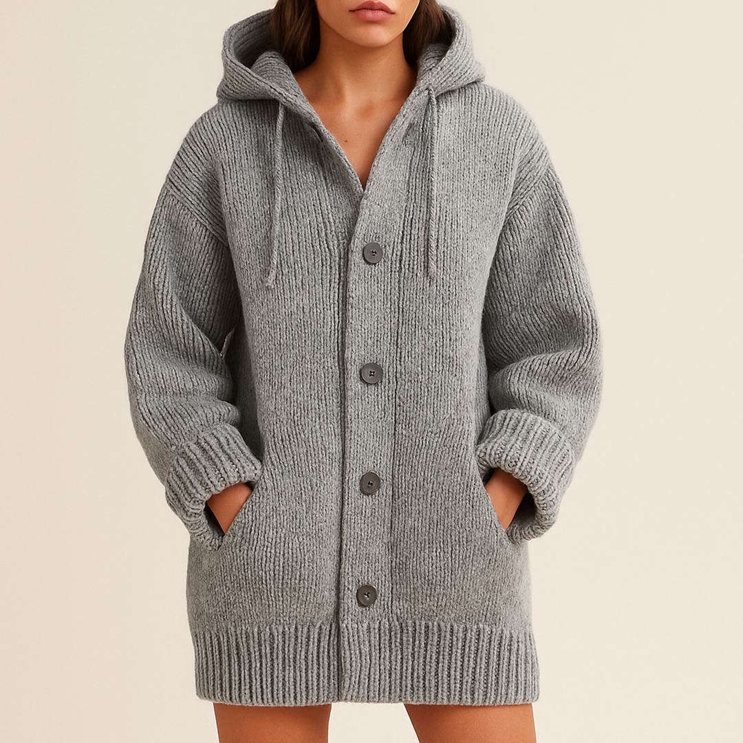 Długi Damski Kardigan Z Kapturem | Z Guzikami