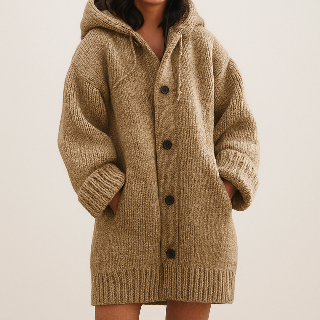 Długi Damski Kardigan Z Kapturem | Z Guzikami