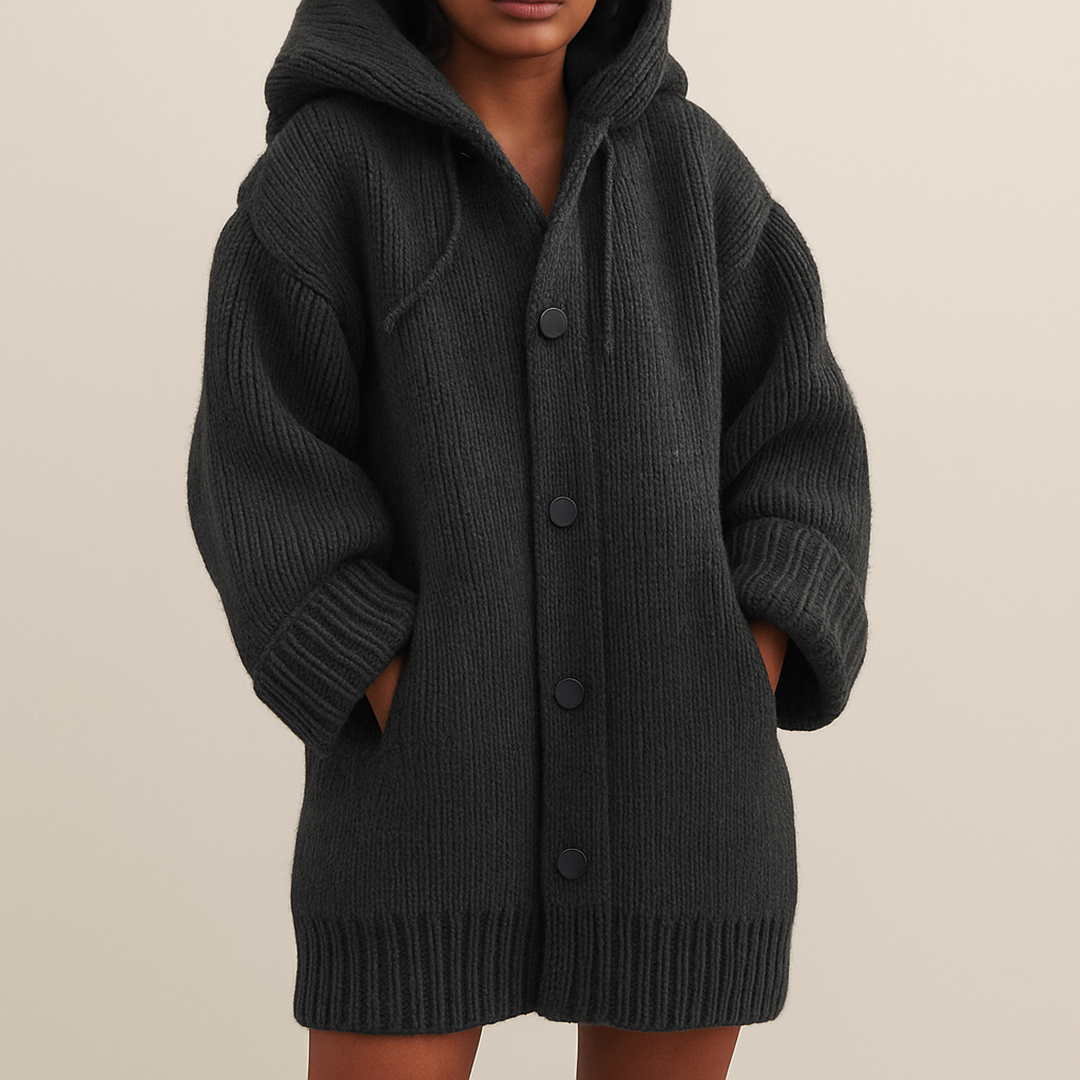 Długi Damski Kardigan Z Kapturem | Z Guzikami