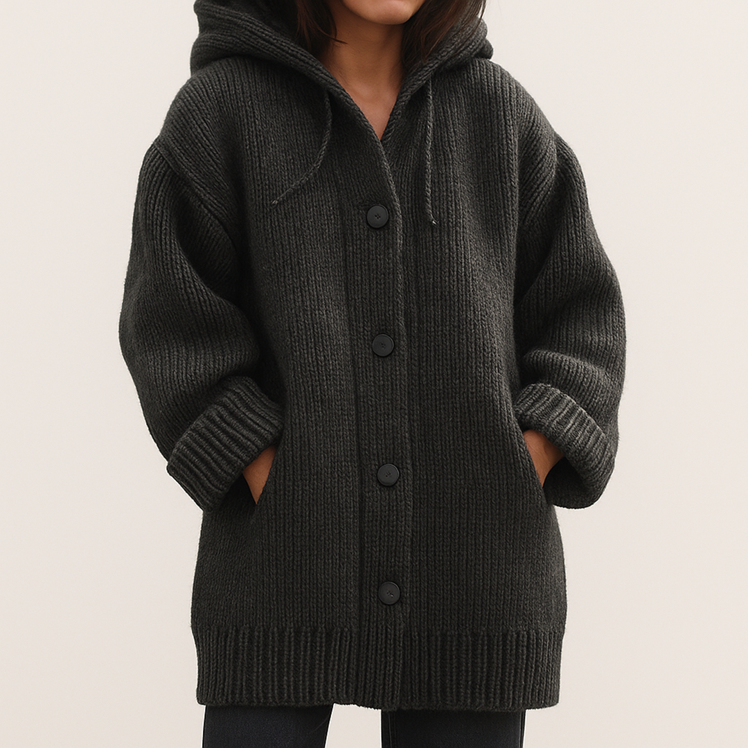 Długi Damski Kardigan Z Kapturem | Z Guzikami