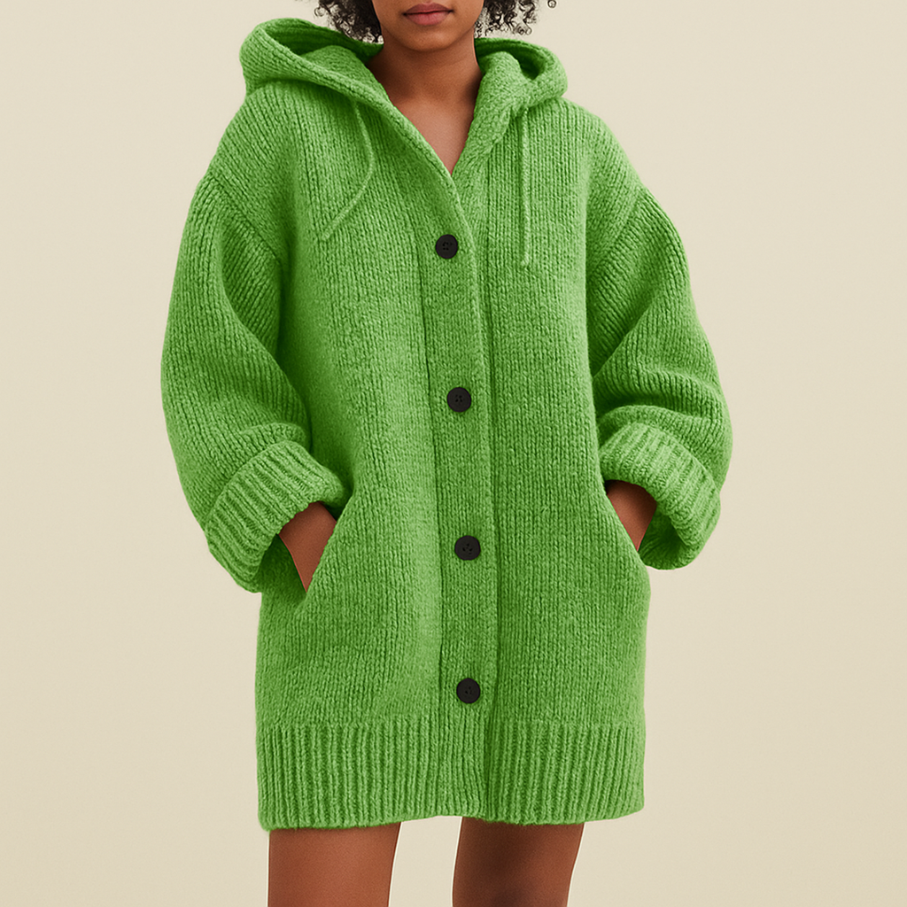 Długi Damski Kardigan Z Kapturem | Z Guzikami
