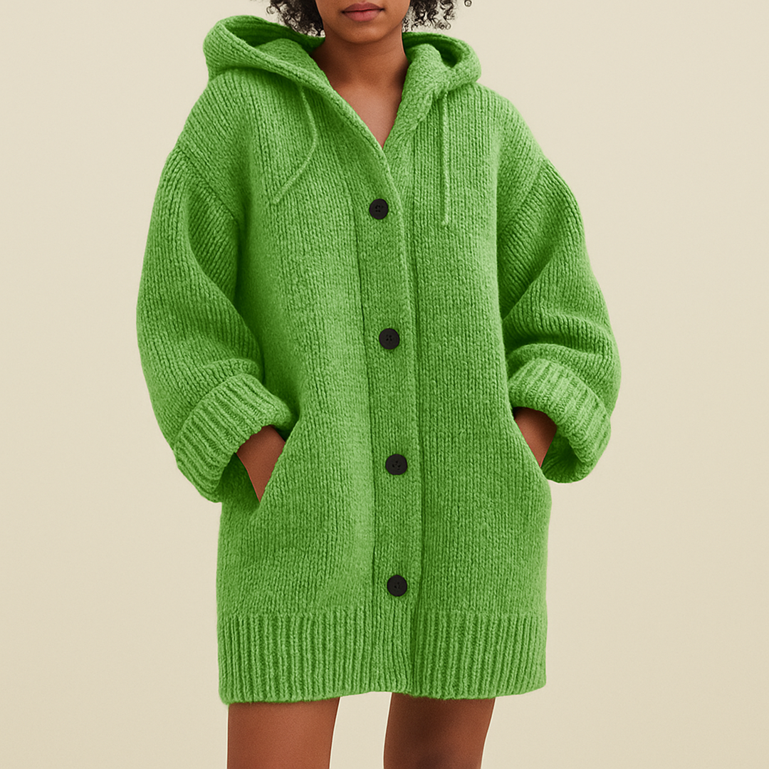 Długi Damski Kardigan Z Kapturem | Z Guzikami