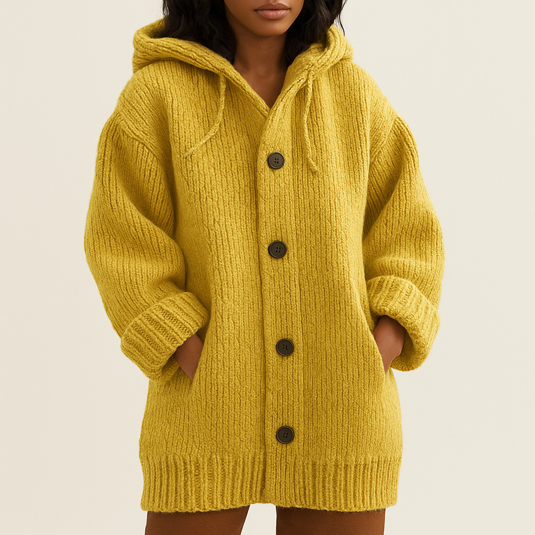 Długi Damski Kardigan Z Kapturem | Z Guzikami