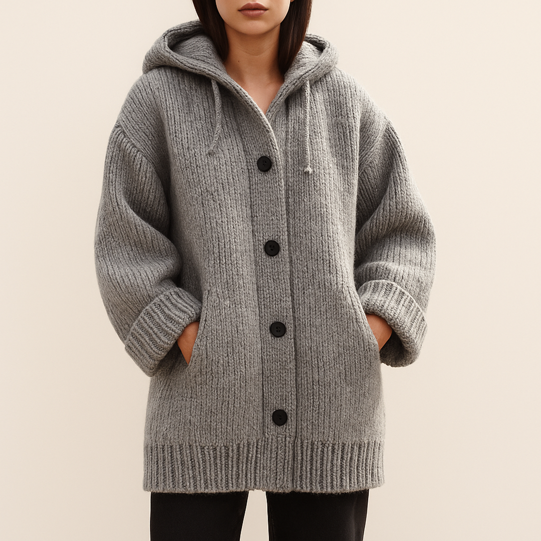 Długi Damski Kardigan Z Kapturem | Z Guzikami